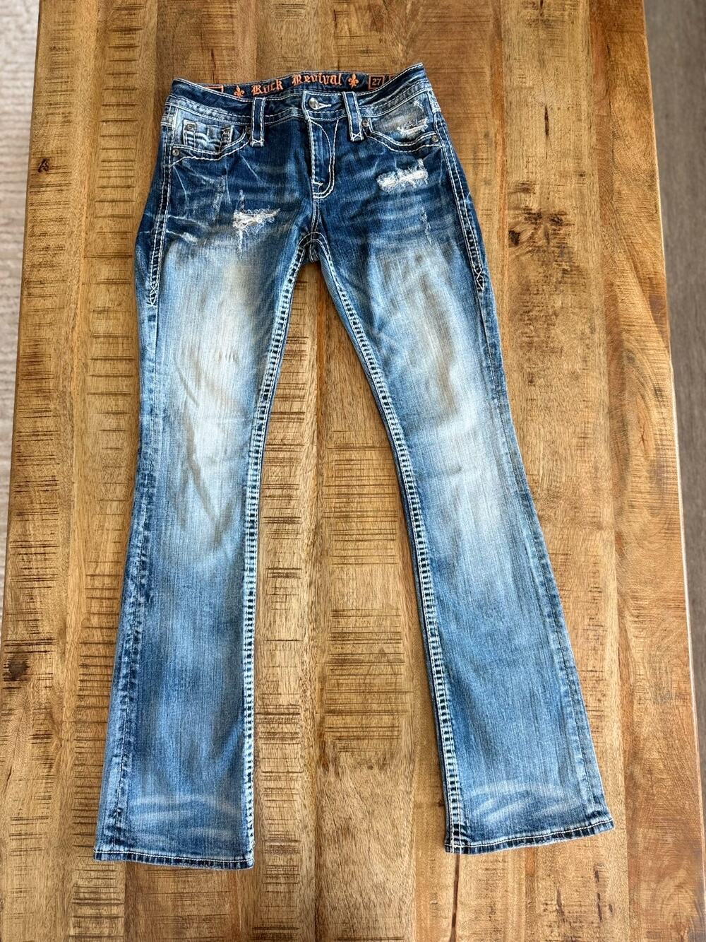 Rock Revival Evie Womens Size 27 Mid Rise Bootcut Jeans Distressed Medium Wash